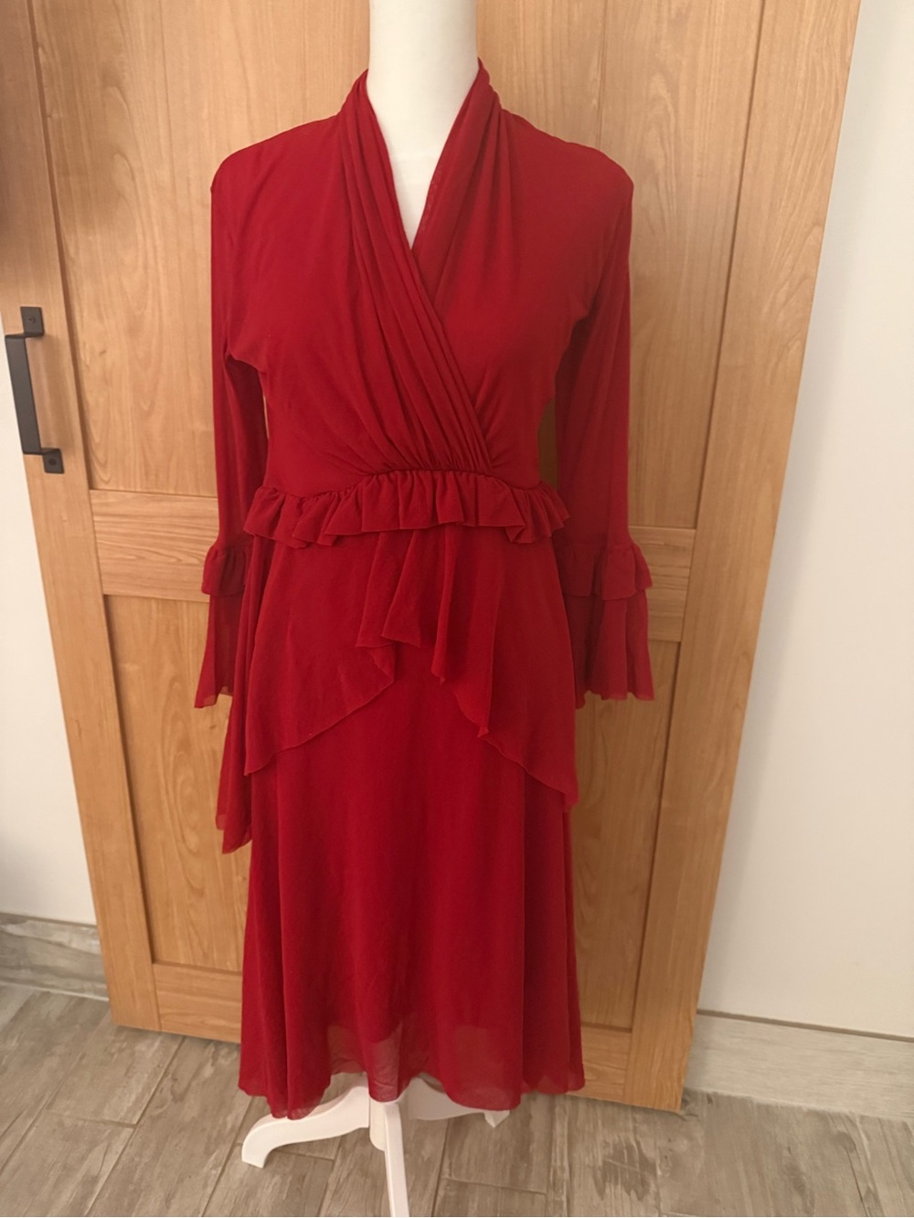 Viviana Red Ruffled Wrap Midi Dress